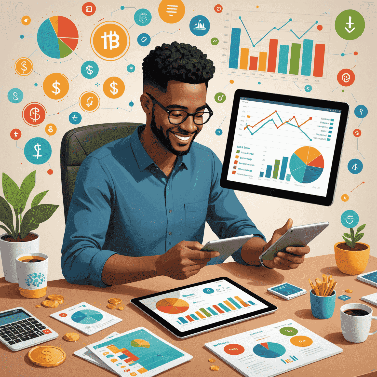 Illustration of a person happily managing their finances on a tablet, surrounded by positive financial symbols like upward trending graphs and coins