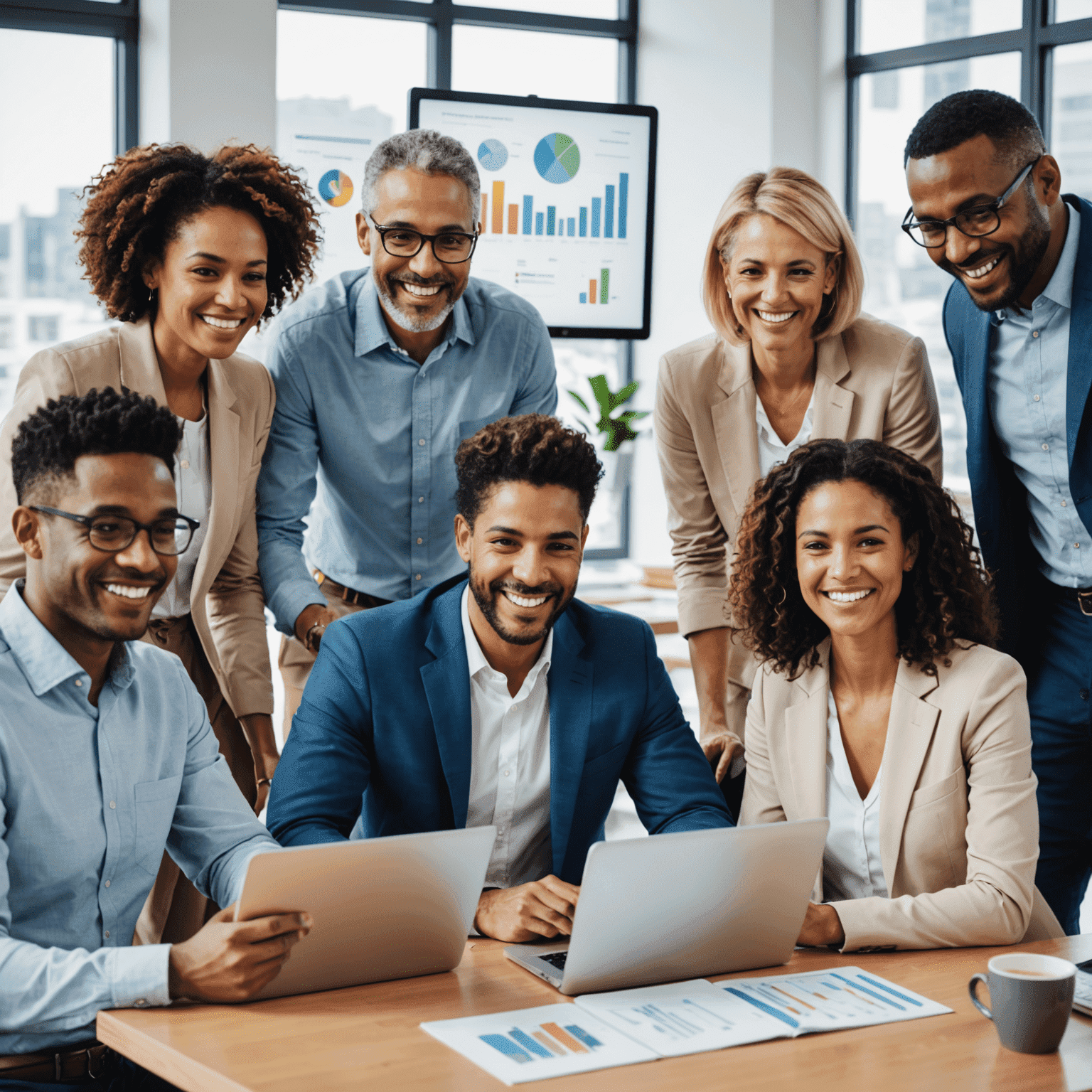 A diverse group of people smiling and working together on laptops and tablets, representing individuals learning about budgeting and financial planning. The image shows a mix of ages and ethnicities in a modern, bright office setting with financial charts and graphs visible in the background.