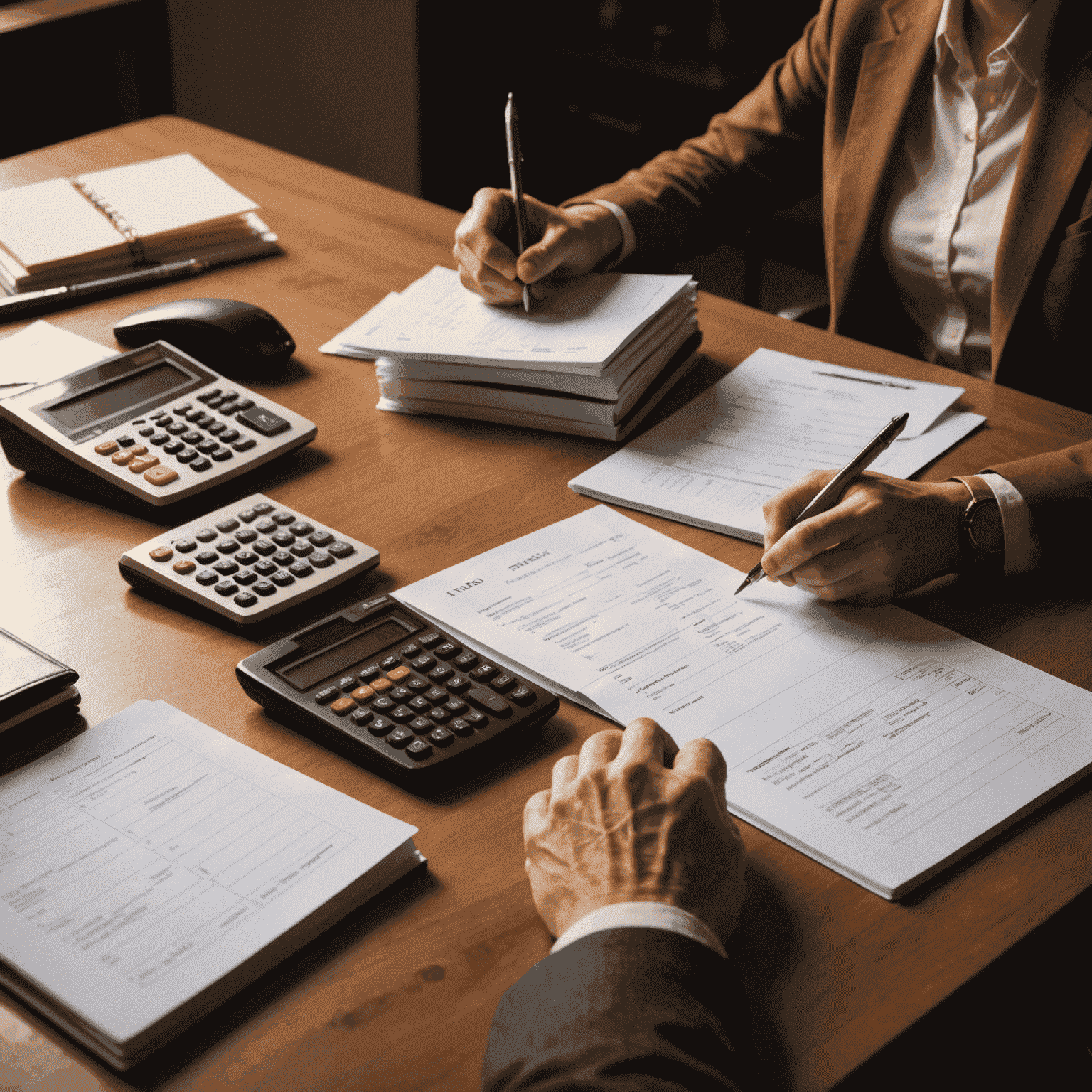 A person sitting at a desk with a calculator, notepad, and various bills, creating their first budget. The image shows a warm, encouraging atmosphere with soft lighting.