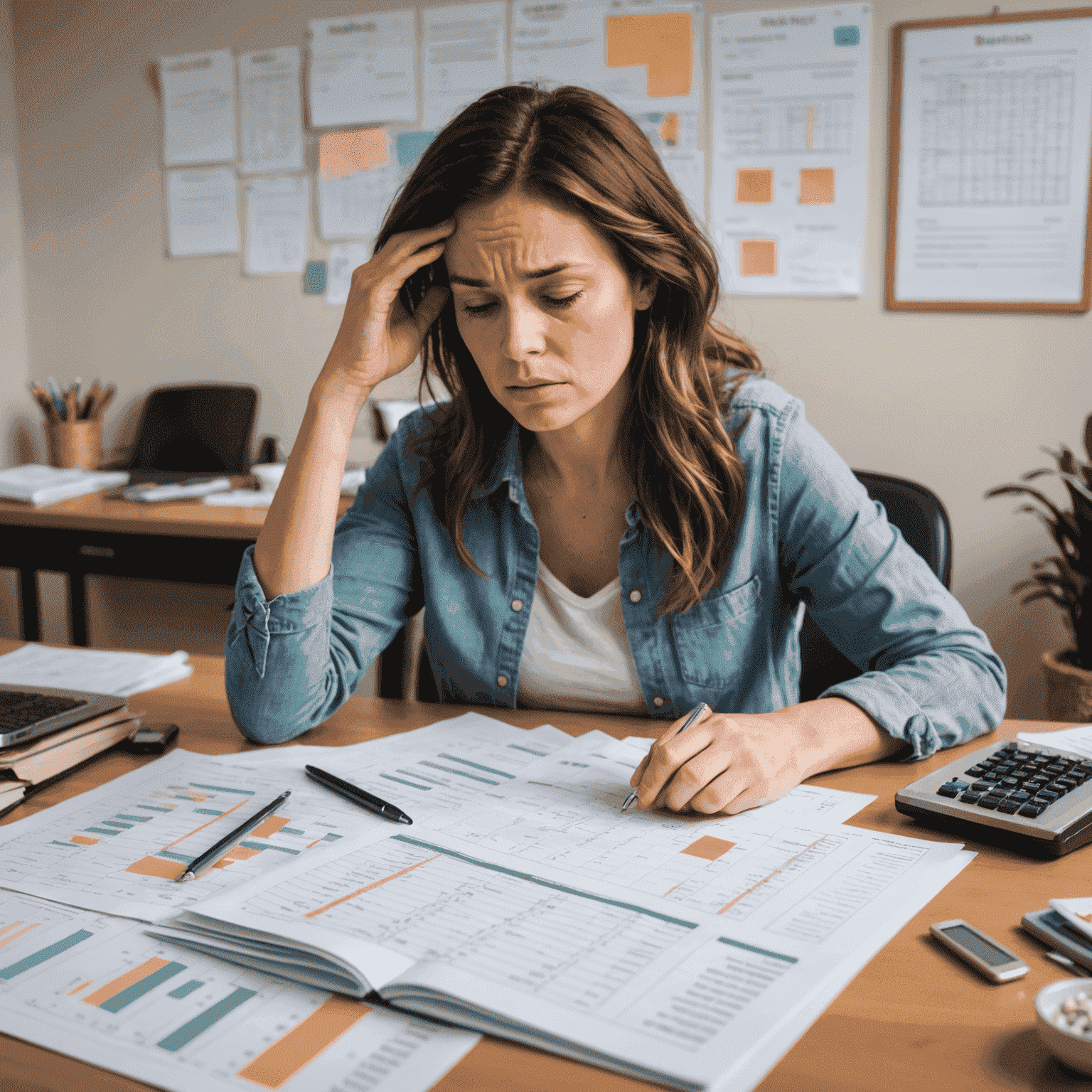 A frustrated person looking at a messy budget spreadsheet, surrounded by bills and a broken piggy bank