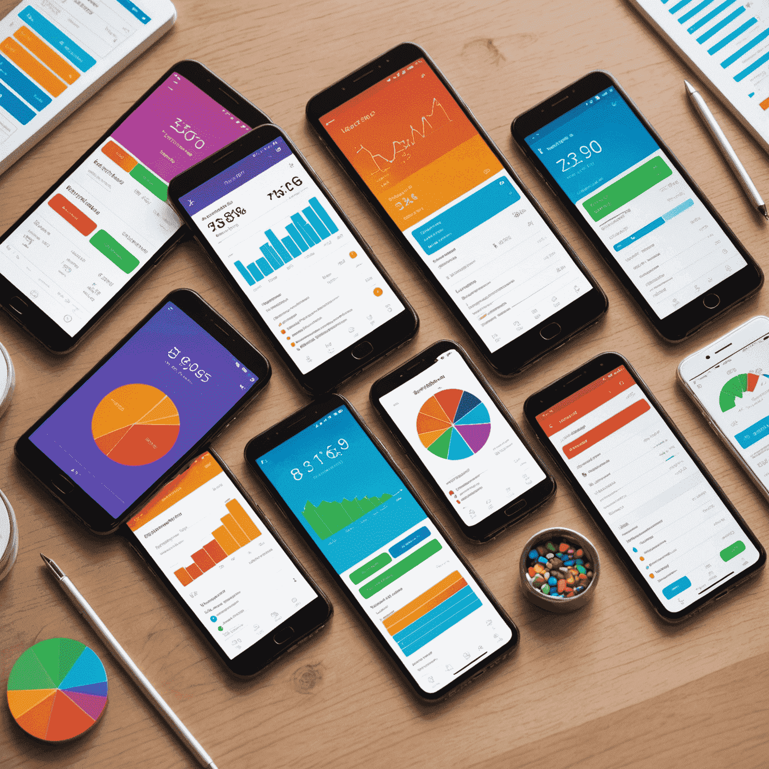 Various smartphones displaying different budgeting app interfaces, showing colorful graphs, charts, and financial summaries