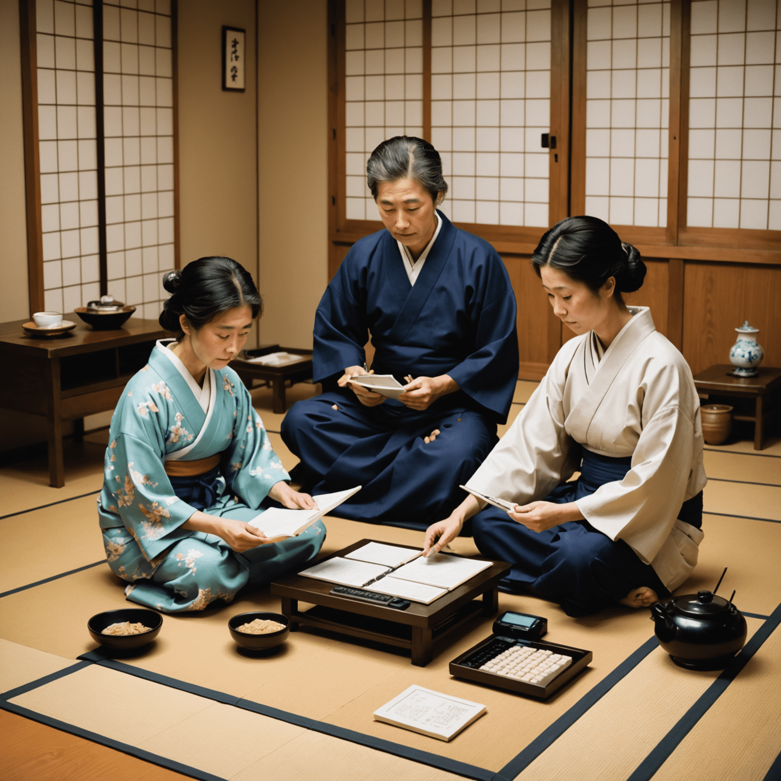 A Japanese family sitting at a low table, using a calculator and organizing financial documents. Traditional Japanese elements like tatami mats and shoji screens are visible in the background.