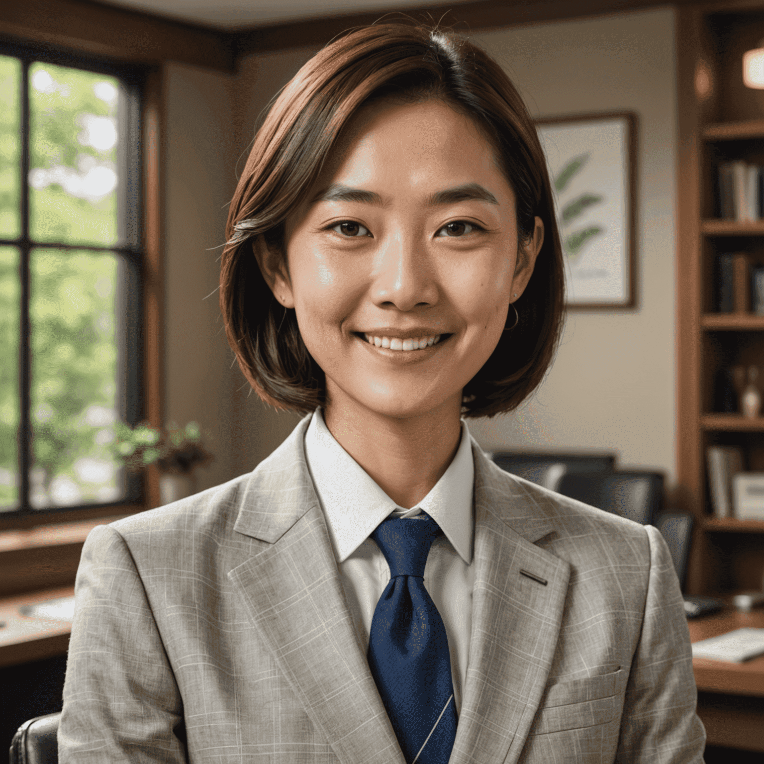 Portrait of Yuki Tanaka, a Japanese financial expert with a warm smile, wearing professional attire