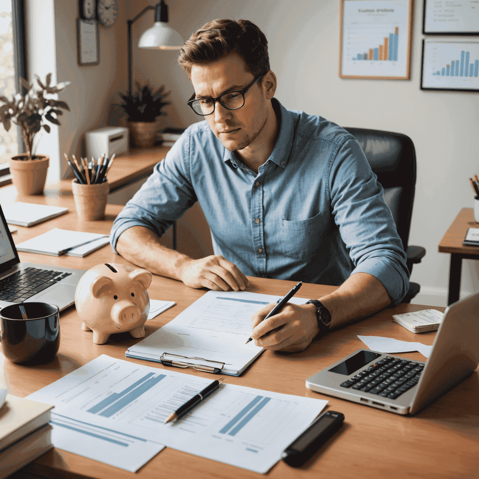 A person sitting at a desk with a laptop, notepad, and calculator, looking confident while working on their budget. The image shows a warm, home office setting with financial documents and a piggy bank visible, representing the process of personal financial planning.