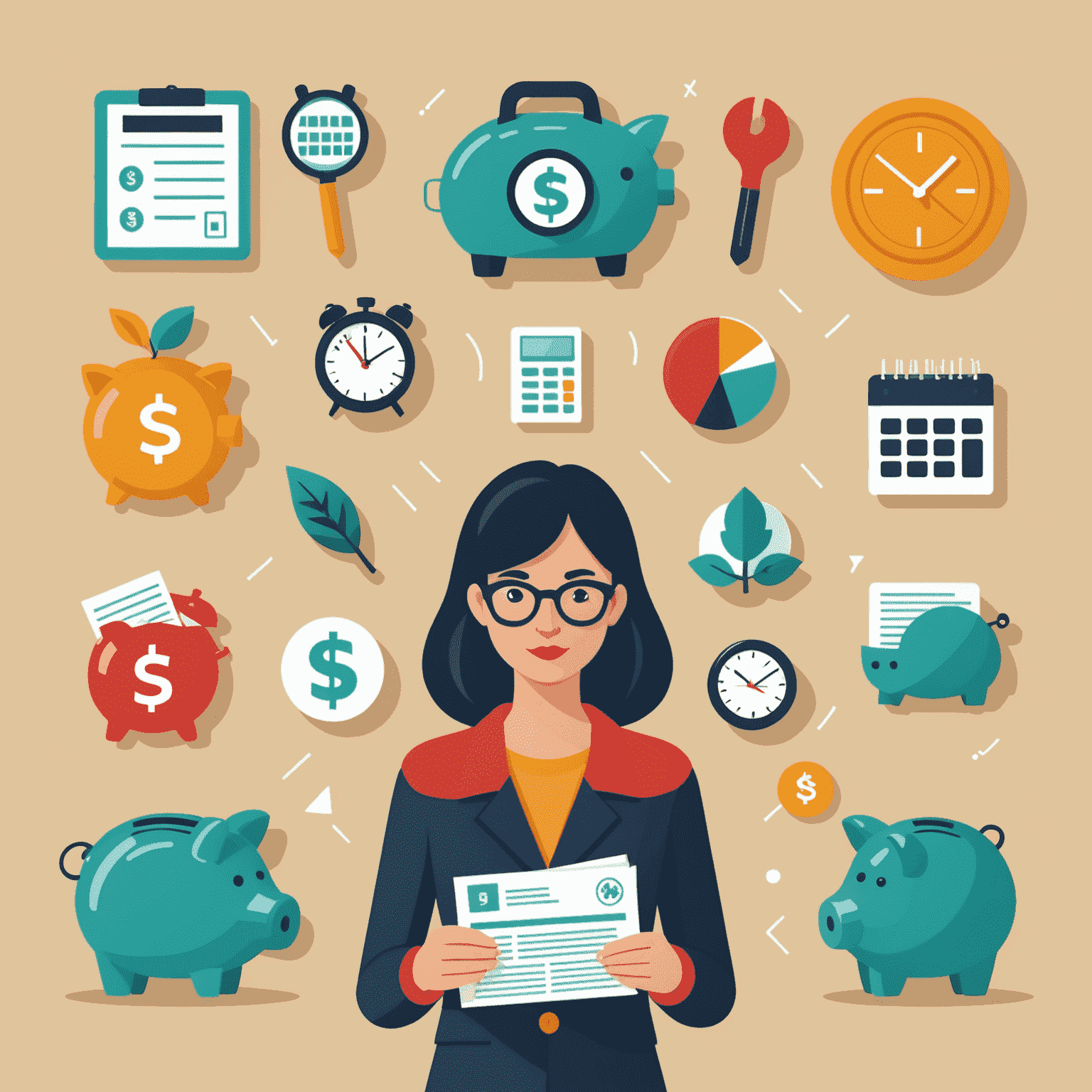 An illustration showing five common budgeting mistakes represented by icons: overspending, forgetting expenses, unrealistic goals, not saving, and ignoring debts.