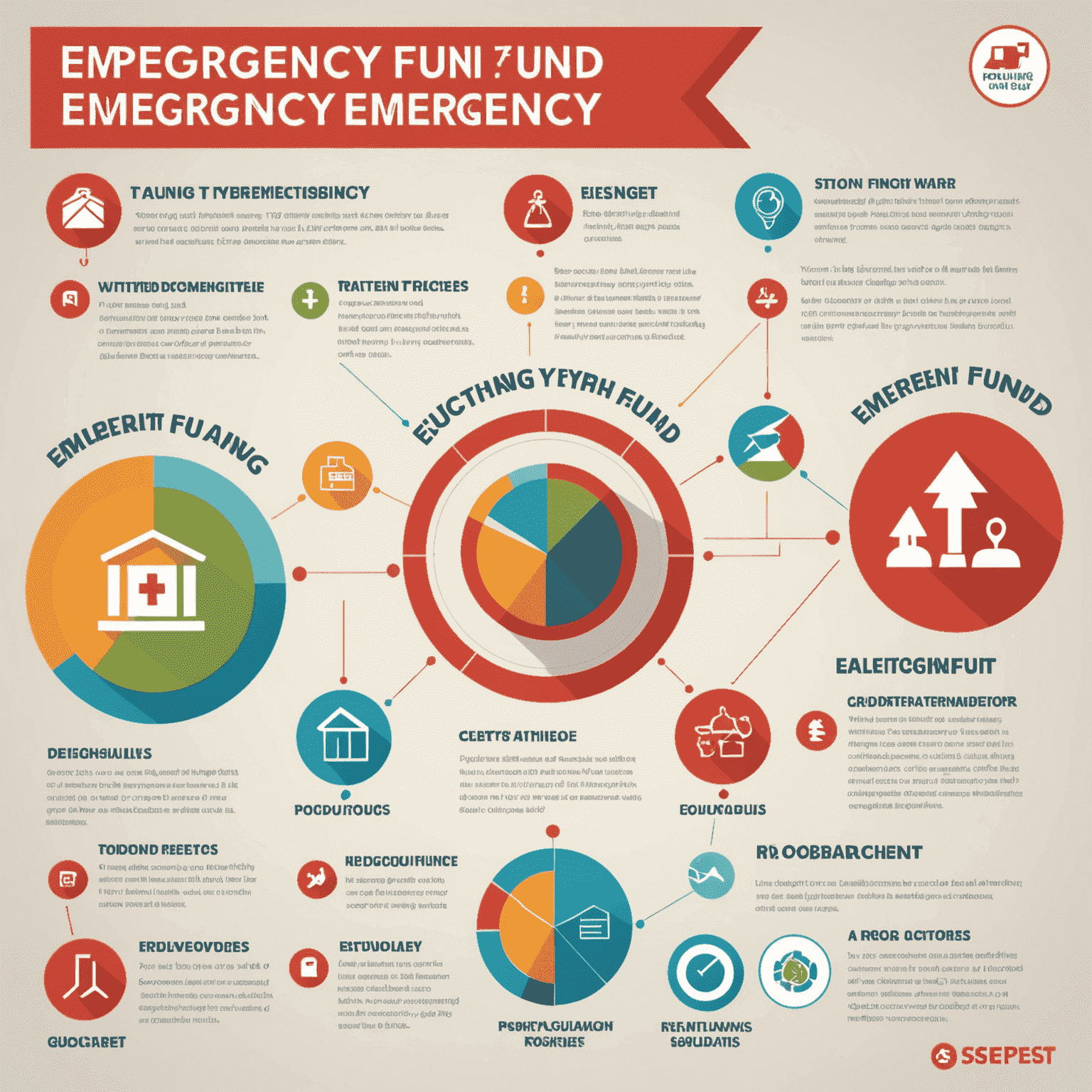 Infographic showing a step-by-step process of building an emergency fund, with icons representing each strategy mentioned