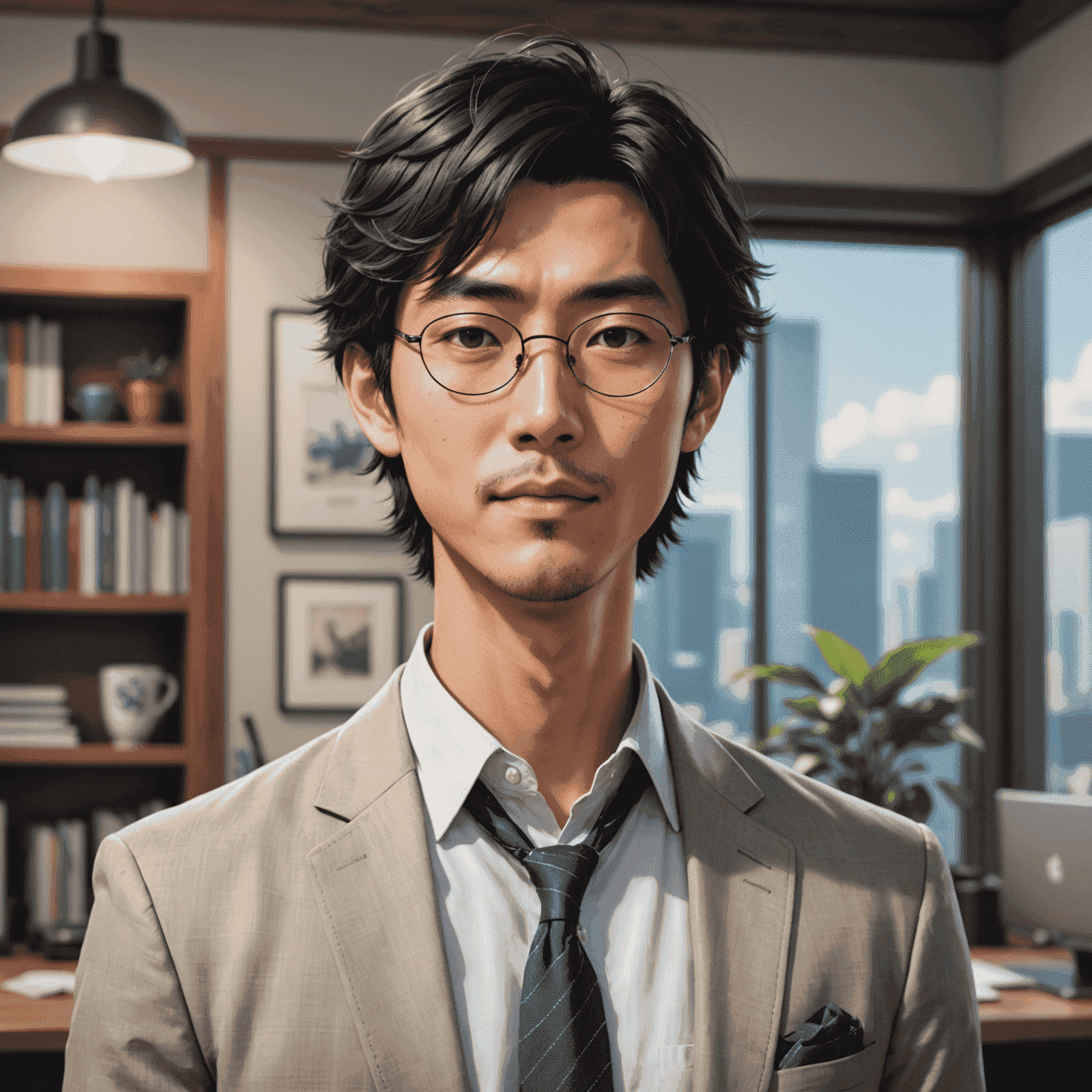 Portrait of Akira Sato, a Japanese content creator with a creative look, wearing casual business attire