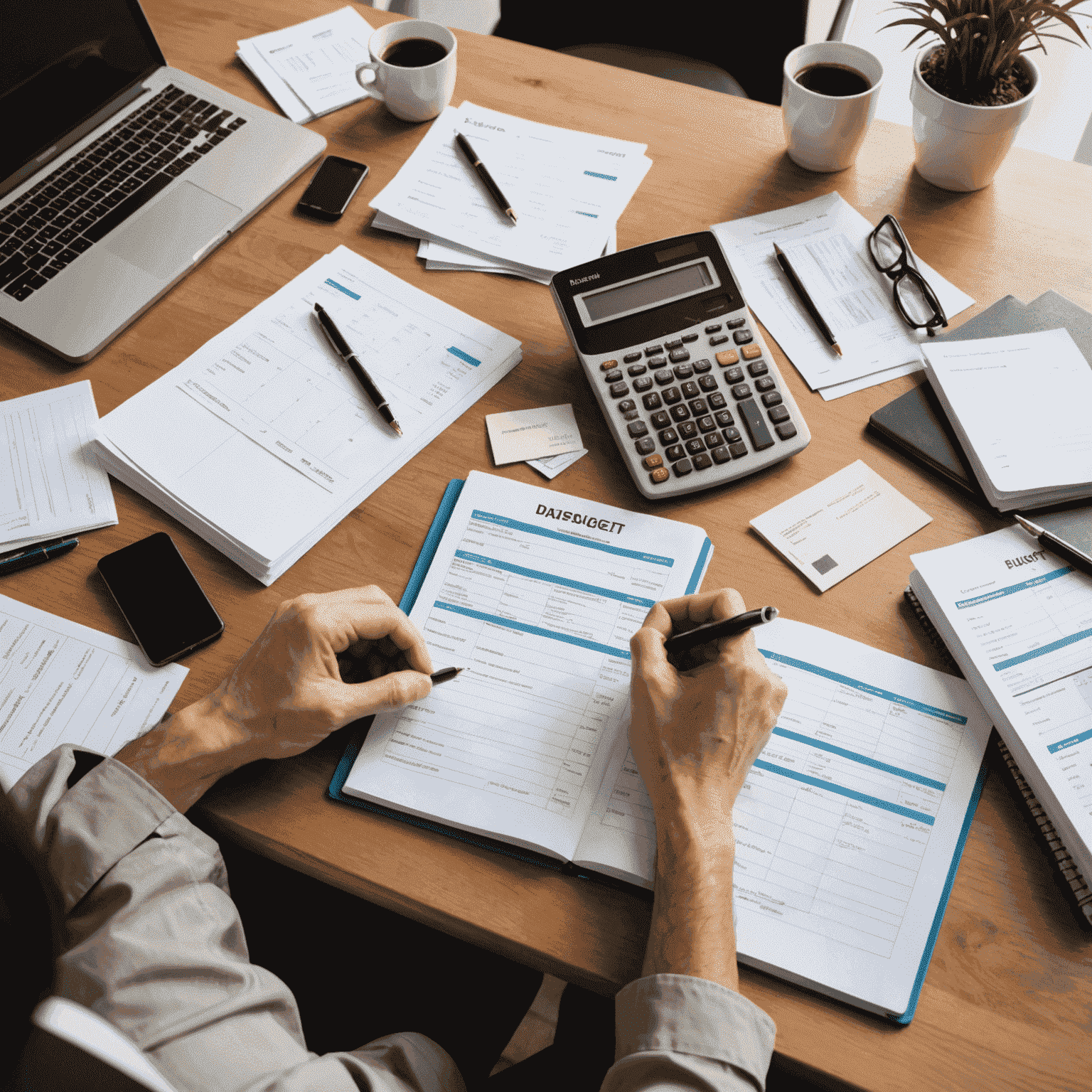 A person sitting at a desk with a calculator, notepad, and various bills, creating their first budget. The image showcases a clean, organized workspace with financial documents spread out.