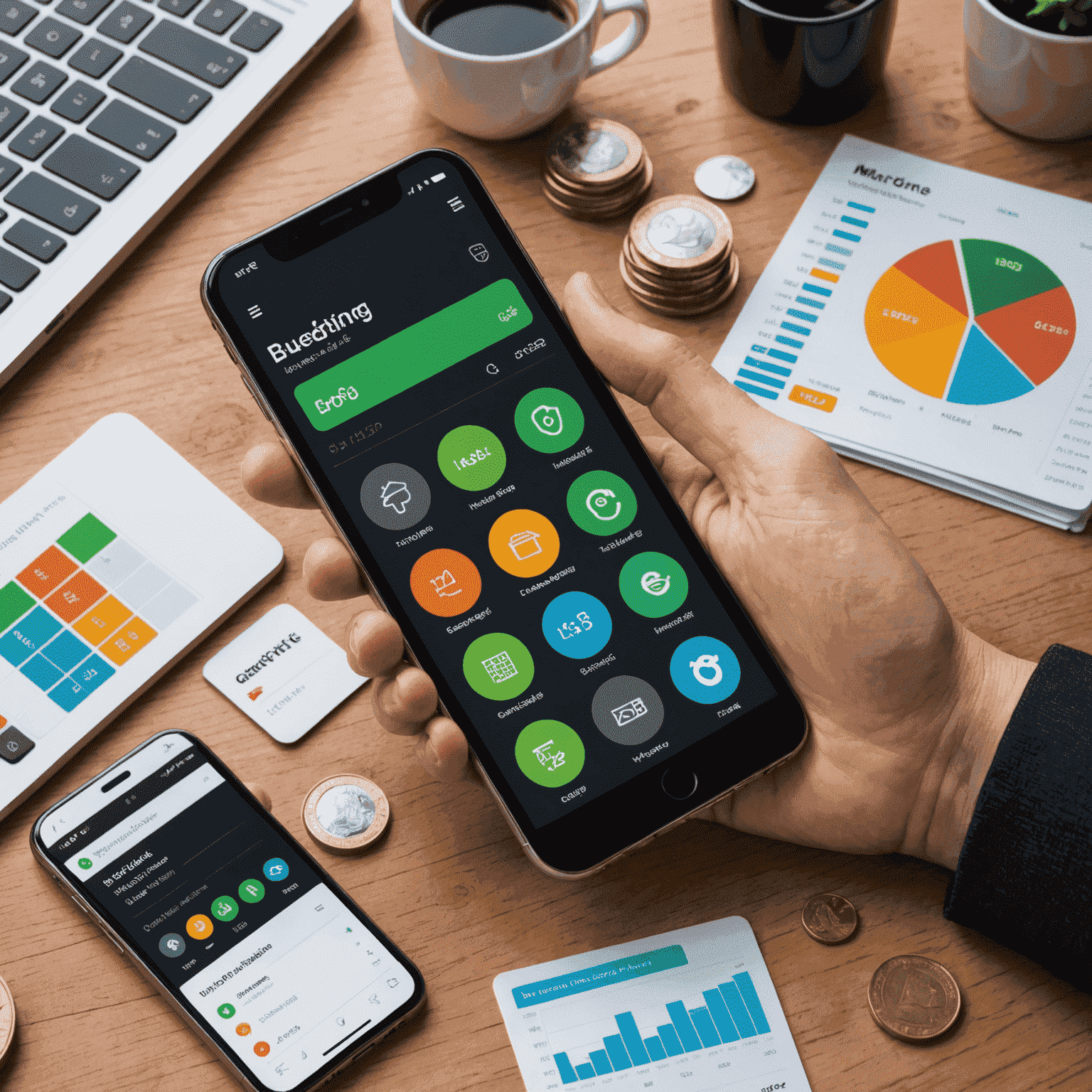 A smartphone displaying various budgeting app interfaces, showing graphs, charts, and expense tracking features. The phone is surrounded by coins and credit cards.
