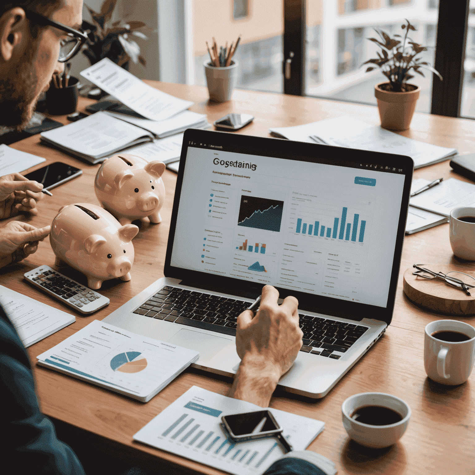 A person sitting at a desk with a laptop and smartphone, actively engaging with a budgeting app, surrounded by financial documents and a piggy bank