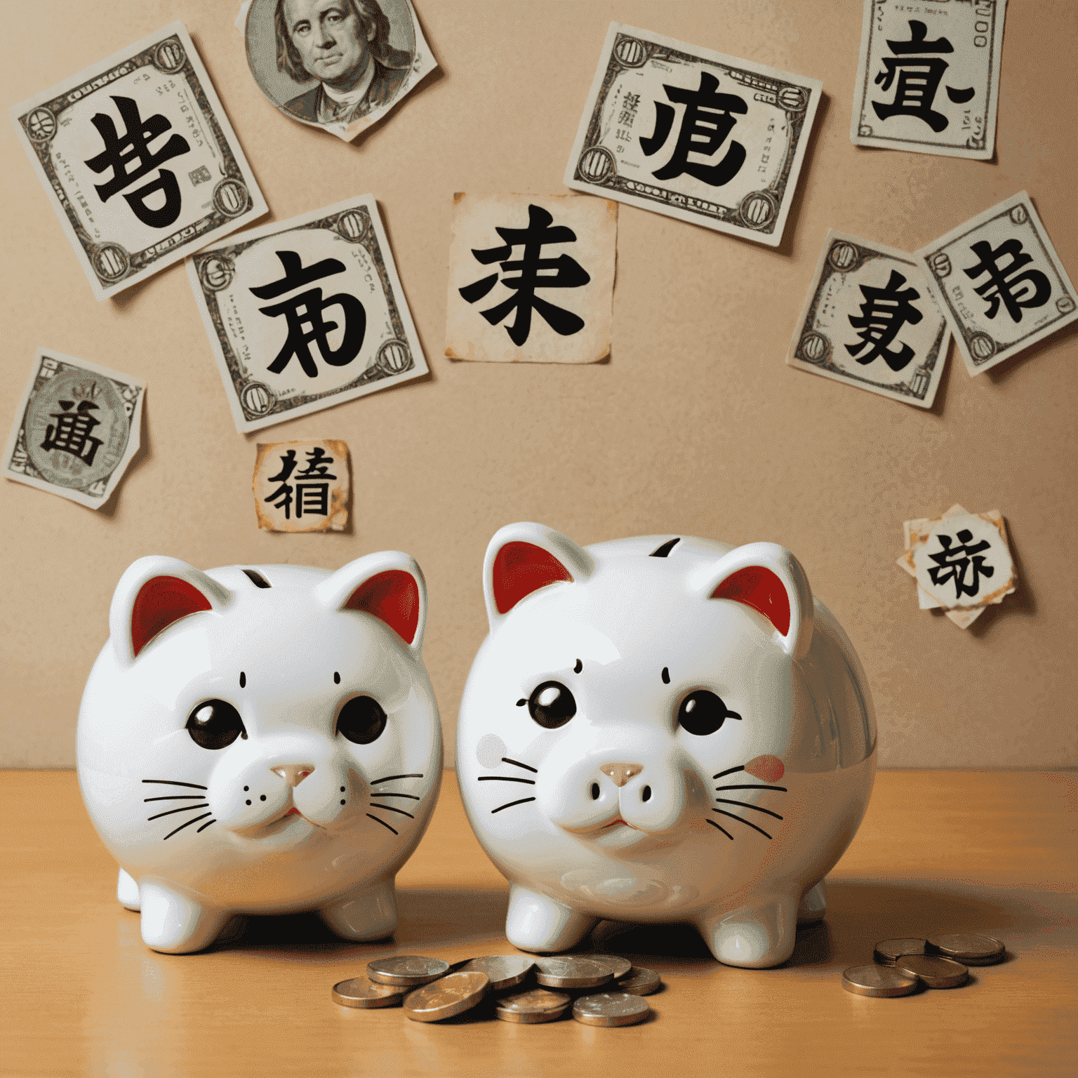 A split image showing Western and Japanese financial symbols side by side. On one side, a piggy bank and dollar signs; on the other, a maneki-neko (lucky cat) and yen symbols, representing the adaptation of budgeting techniques.