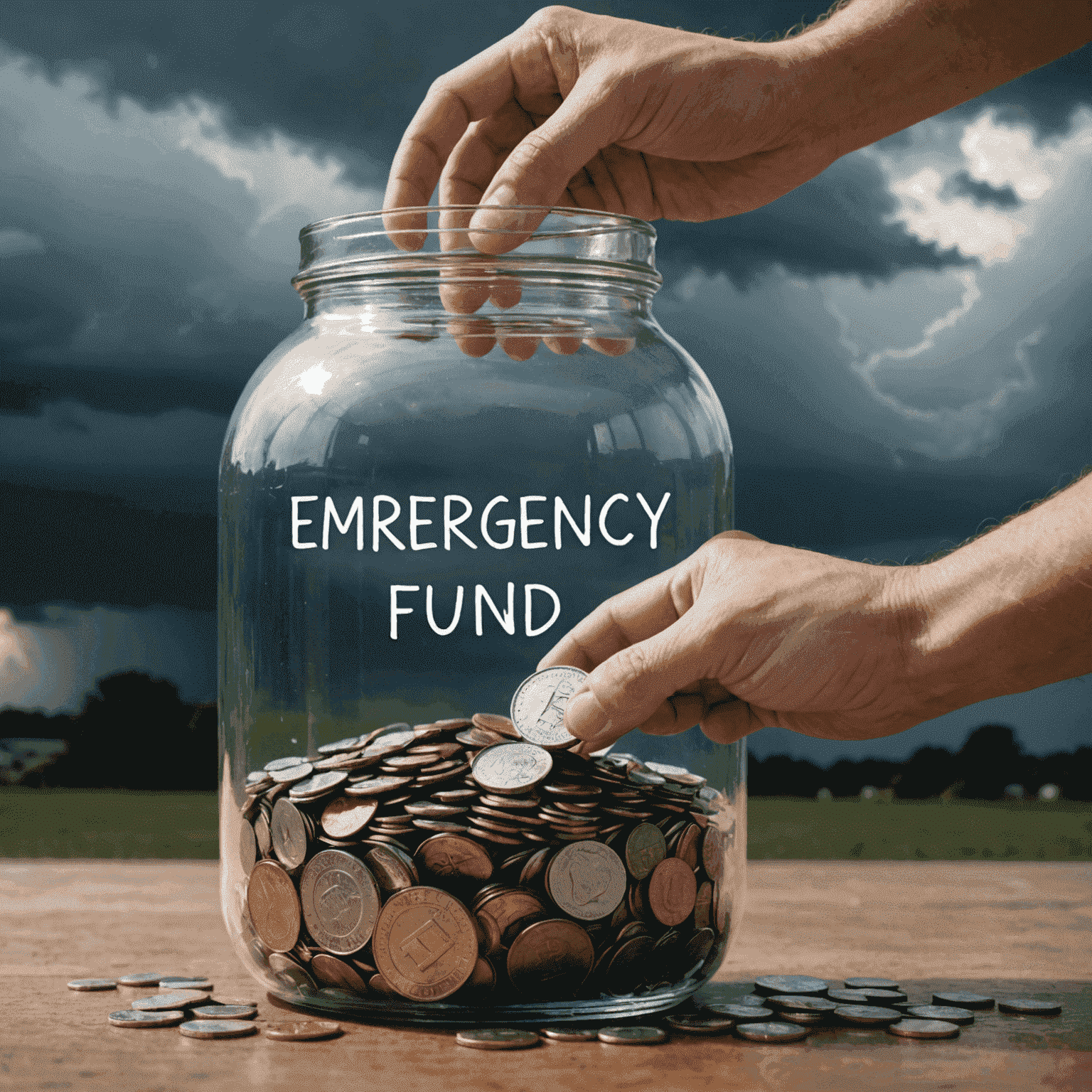 A person placing coins into a clear jar labeled 'Emergency Fund'. The background shows stormy weather, symbolizing unexpected financial challenges.